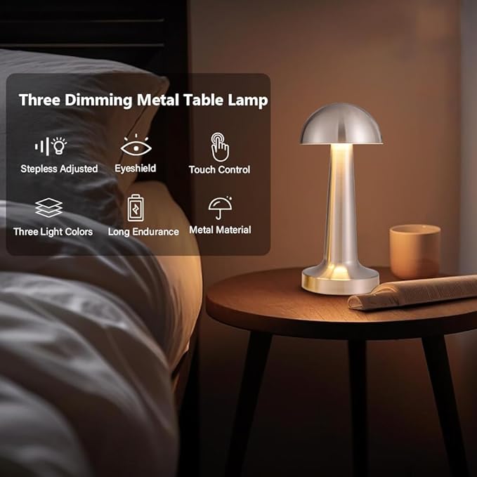 Portable LED Table Lamp, 3-Levels Brightness Metal Desk Lamp, 3 Color Touch Control Rechargeable Lamp, Night Light, Bedside Lamp,Dining Room Lamp (Silver)