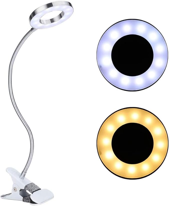 ANGGREK 360 Clip-On Desk Lamp, Flexible USB LED Lamp Gooseneck Light with 2-Color Mode and 2-Level Dimmer Eye Care Book Light Bed Lamp 7W