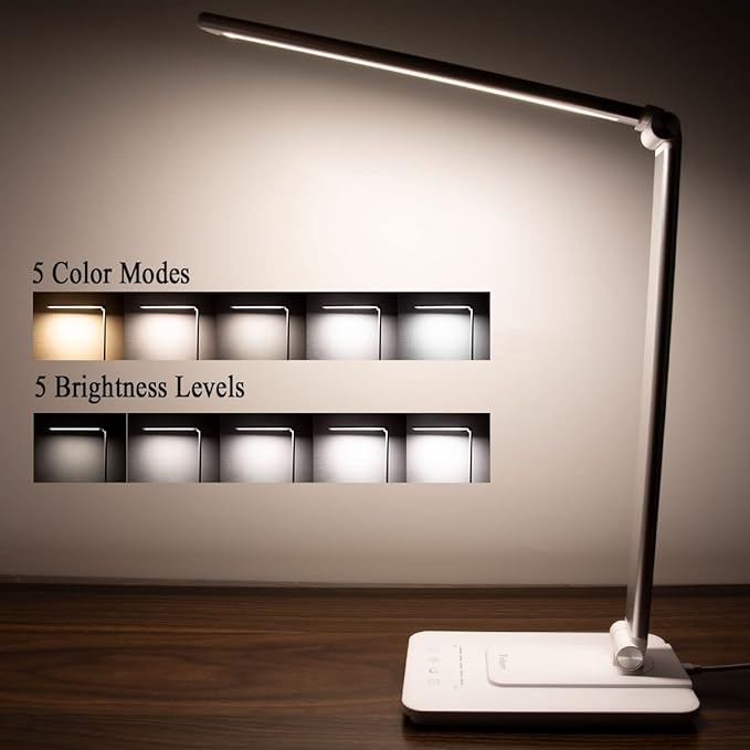 LED Desk Lamp, Stepless Dimmable Eye-Caring Lamps with Night Light USB Charging Port 5 Color Modes and 5 Brightness Levels, 30 min Auto Timer, Adjustable Lamps for Home Office Bedroom, White