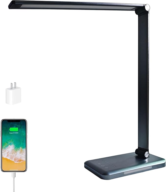 LED Desk Lamp, 5 Levels Dimmable Table Lamp Reading Lamp with USB Charging Port, 5 Lighting Modes, 30 Minutes Auto-Off Timer, Study Lamp, Eye-Caring Office Lamp with Night Light