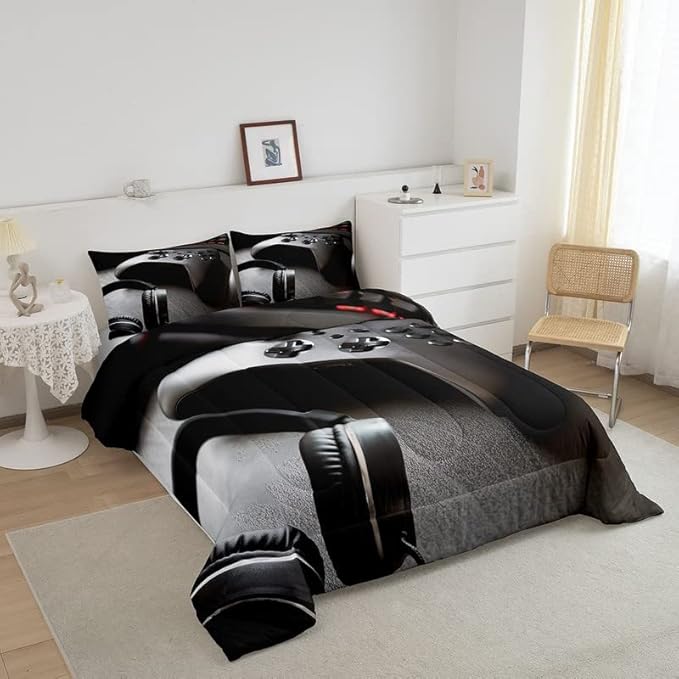Feelyou Gaming Bedding Set Boys Game Controller Comforter for Kids Girls Teens Modern Gamer Headset Comforter Set Youth Gaming Console Video Game Decor Duvet Set with 2 Pillow Case King Size Black