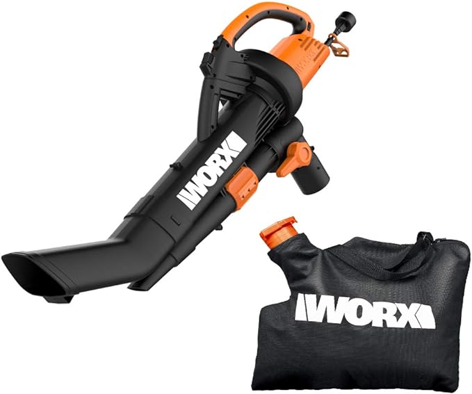 WORX WG509 TRIVAC 12 Amp 3-in-1 Electric Leaf Blower/Leaf Vacuum/Mulcher, Metal Impeller for Fine Mulching