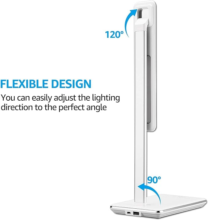 TORCHSTAR LED Desk Lamp, Dimmable Desk Lights for Reading, Table Lamps with USB Charging Port, Touch Control, 3 Color Modes, Fully Adjustable Brightness, Dorm Room, 1 & 2 Hour Auto Timer, White
