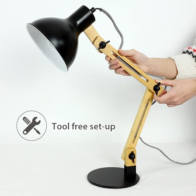 DLLT Swing Arm Desk Lamp, Wood Adjustable Gooseneck Table Lamp, Modern Architect Desk Light, Reading Light for Work, Study, Bedroom, Home Office, College Dorm, Black Metal Shade, E26 Bulb Included