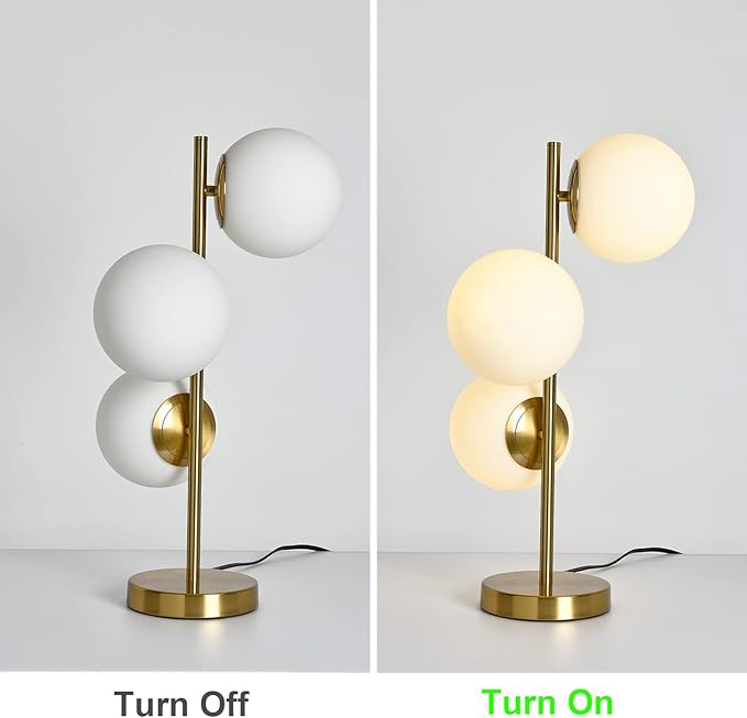 Mid Century Table Lamp, Modern 3 Lamp Gold Desk Lamp Retro with White Frosted Glass Lampshade Adjustable Brightness, Suitable for Desk Lamp Bedrooms, Living Rooms, Study, Library