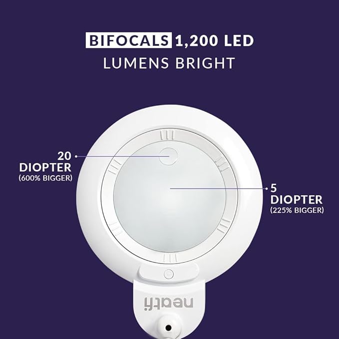 Neatfi XL Bifocals 1,200 Lumens Super LED Magnifying Lamp with Clamp, 3 Light Modes, Correlated Color Temperature Control (3000K-4500K-6000K), 12W, 120 Pcs SMD LED (White, 6 Inch Lens)