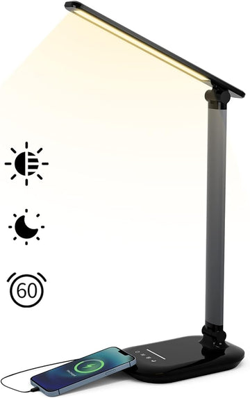 LED Desk Lamp, Table Lamp Reading Lamp with USB Charging Port, Desk Lamps for Home Office with 5 Color Temperature, 5 Brightness Levels, 1H Timer, Night Light, Desk Light for Bedroom