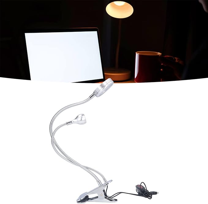 Zerodis LED Desk Lamp, Dimmable LED Clip Desk Lamp 10 Gear Adjustable USB LED Double Head Gooseneck Table Lamp Reading Lamp for Bedroom