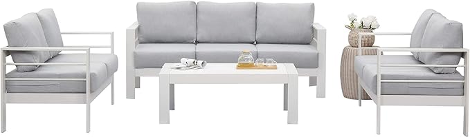 Wisteria Lane Aluminum Outdoor Patio Furniture Set, Modern Patio Conversation Sets, Outdoor Sectional Metal Sofa with 5 Inch Cushion and Coffee Table for Balcony, Garden, Light Grey