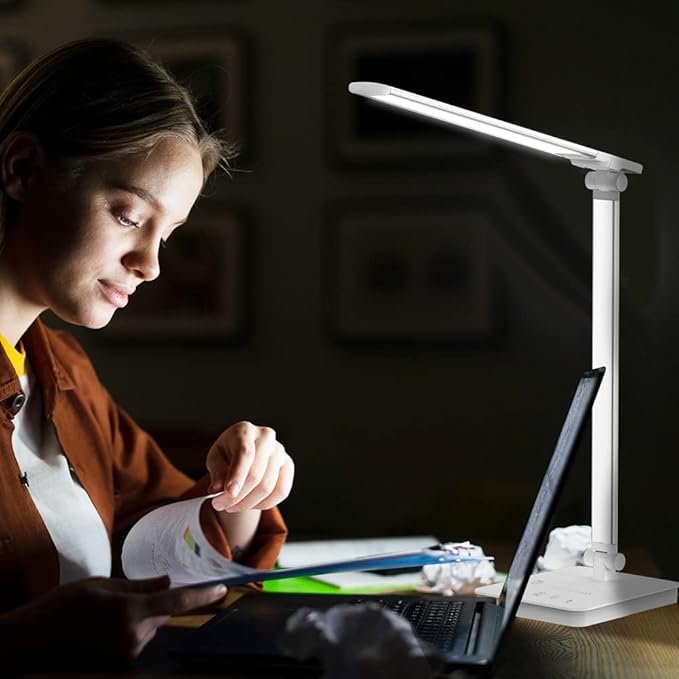 Desk Lamp Eye-Caring LED Table Lamp Dimmable Bedside Lamp with 2 USB Charging Ports and 10 Brightness Levels x 5 Colour Modes Touch Control Daylight Lamp for Office, Bedside, Reading- Auto Timer