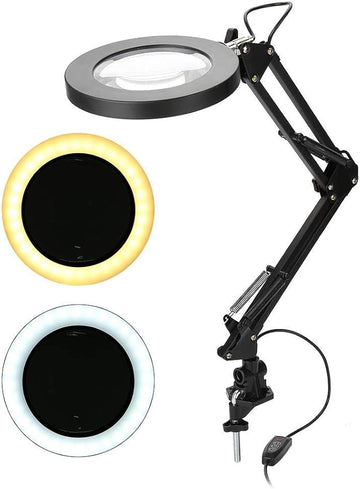 LED Magnifying Lamp with Clamp, 5X Magnifier Glass Light Lens, USB Dimmable Desk lamp for Table Craft or Workbench
