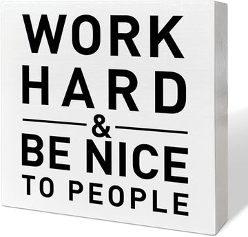 Home Office Desk Wooden Box Sign Decor, Work Hard & Be Nice to People, Inspirational Quotes Desk Decor Motivational Desk Decorations for Women Men Student Office Classroom School