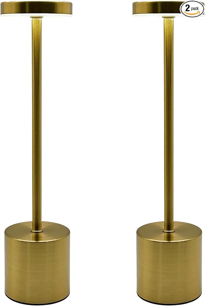 2 Pack Cordless Table Lamp Rechargeable 5000mAh Battery Operated Portable LED Desk Lamp 3 Color Temperature Stepless Dimming for Bedroom Restaurant Coffee Shop Party (Gold)