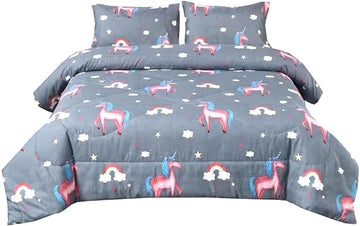 3PCS Gray Unicorn Comforter Set Queen Size, Queen Bed in a Bag Set Cute Bedding, Hotel Luxury, Lightweight Comforter Queen for Boys Girls Toddler Kids and Teens, Queen