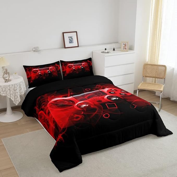 Feelyou Kids Gaming Comforter Set Twin Size Gamer Bedding Set for Boys Teens Gamer Bedroom Decor Youth Video Game Comforter Red Black Geometry with 1 Pillow Case