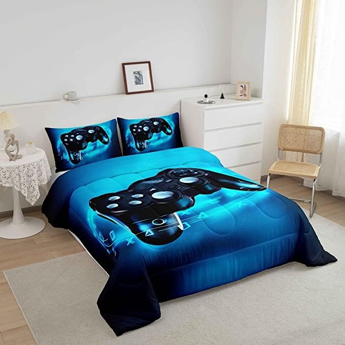 Feelyou Gaming Bedding Set for Boys Gamer Comforter Set for Teens Kids Gamer Room Decor Blue Video Games Comforter Duvet Set King Size Gamepad Quilted All Season 1 Comforter with 2 Pillow Cases