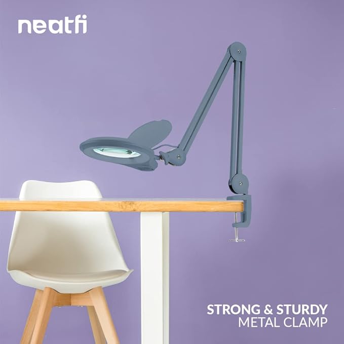 (New Model) Neatfi Bifocals 1,200 Lumens Super LED Magnifying Lamp with Clamp, 5D + 20D, Dimmable, 60 Pcs SMD LED, 5 Inches Diameter Lens (5 Diopter + 20 Diopter, Gray)