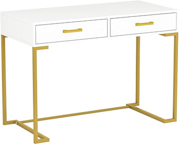 Tribesigns 40 Inch Computer Desk, White and Gold Desk with 2 Drawers, Modern Simple Home Office Desk, Gold Writing Desk Study Table for Bedroom, Modern Makeup Vanity Desk for Small Spaces