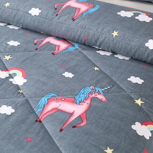 3PCS Gray Unicorn Comforter Set Twin, Bed in a Bag Unicorn Cute Room Decor, Wrinkle and Fade Resistant, Lightweight Twin Size Comforter Set for Boys, Girls Kids and Teens, Twin