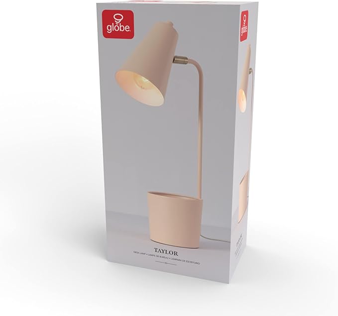 Globe Electric 30295 Taylor 18" Organizer Desk Lamp, Matte Pink, Brass Pivot Joint, On/Off Rotary Switch at Shade