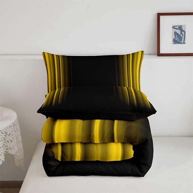 Geometric Abstract Ombre Bedding Bed Set Men Adults Teens Yellow Black Striped Comforter Set Kids Boys Girls Simple Modern Comforter Collection 3Pcs King Size Boys