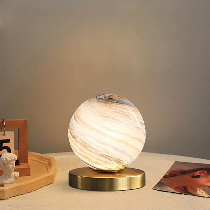 Bedside Table Lamp Gold Desk Lamp Reading Lamp with Handblown Glass Globe Shade, Plug in Table Desk Lamp for Bedroom Office Library Study Room (Moon Shade)