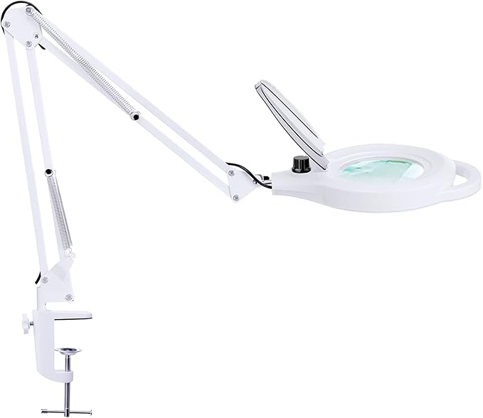 10X Magnifying Lamp with Clamp, 2200 LM Super Bright and Stepless Dimming Magnifying Glass with Light, Real Glass Lens Lighted Magnifier Lamp for Close Work, Crafts, Reading, Repair -White