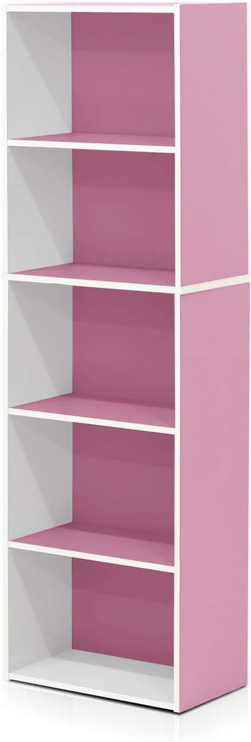 Furinno 5-Tier Reversible Color Open Shelf Bookcase , White/Pink 11055WH/PI