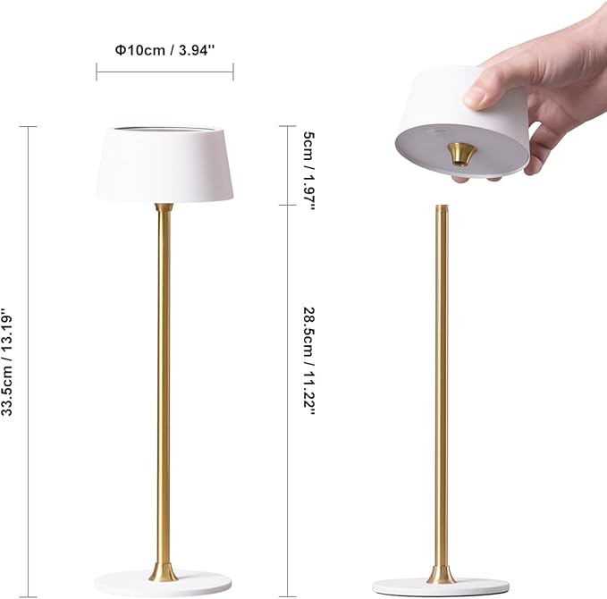 DAWALIGHT Cordless Lamp 4000mAh Rechargeable tbale lamp LED Desk Lamp Stepless Dimming White and Gold Battery Operated Portable Cordless 2700K White Base