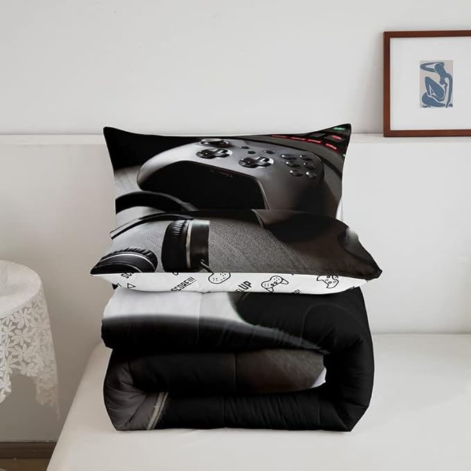 Feelyou Gamepad Bedding Set Boys Game Controller Comforter for Kids Girls Teens Modern Gamer Headset Comforter Set Youth Gaming Console Video Game Decor Duvet Set with 2 Pillow Case Queen Size Black