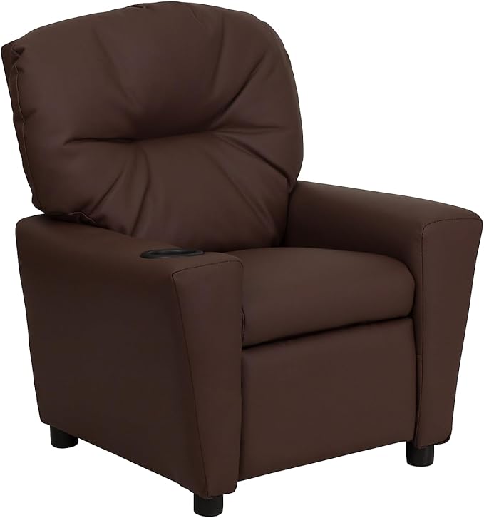 Flash Furniture Chandler LeatherSoft Kids Recliner with Cup Holder and Safety Recline, Contemporary Reclining Chair for Kids, Supports up to 90 lbs., Brown