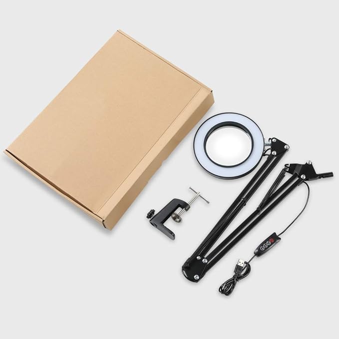 8X Magnifying Glass LED Light with Clamp, 12W Dimmable Magnifier Desk Lamp with 3 Light Colors 10 Brightness, 6.3″ Real Glass Lens, Adjustable Swivel Arm Magnifier Light for Reading Close Work Craft