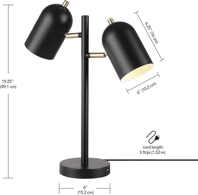 Globe Electric 52994 19" 2-Light Desk Lamp, Matte Black, Matte Brass Accents, 2.1A USB Port, On/Off Rotary Switch on Each Shade