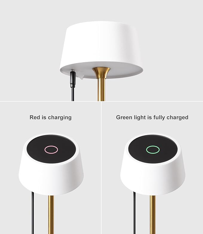 DAWALIGHT Cordless Lamp 4000mAh Rechargeable tbale lamp LED Desk Lamp Stepless Dimming White and Gold Battery Operated Portable Cordless 2700K White Base