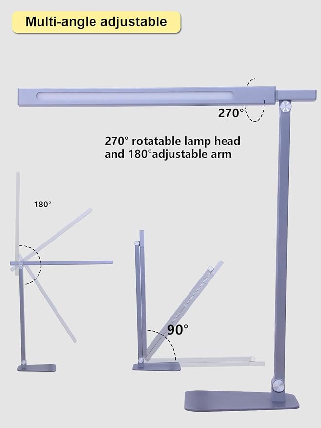 LED Desk Lamp Touch Control Aluminum Alloy Study Table Lamp Dimmable Eye-Caring,Bright Angle Adjustable Timer Portable Desk Light Wired for Home/Office/Dorm Work Reading Light with USB Cable