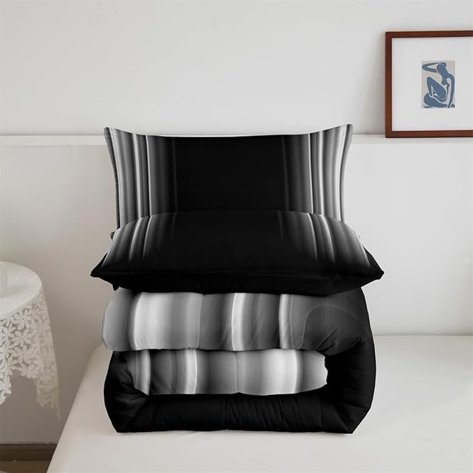 Feelyou Geometric Abstract Ombre Bedding Set Men Adults Teens Grey Gray Black Striped Comforter Set Kids Boys Girls Simple Modern Quiltwith 2 Pillowcases 3Pcs Bedding King Boys