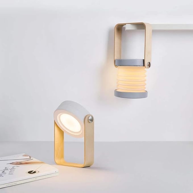 4-in-1 Foldable Table Lamp,USB Retractable LED Light,Wooden Handle Portable Lantern Light and Flashlight,Touch Control Dimmable 3 Level Brightness Night Light for Reading, Outdoor Camping (Grey)