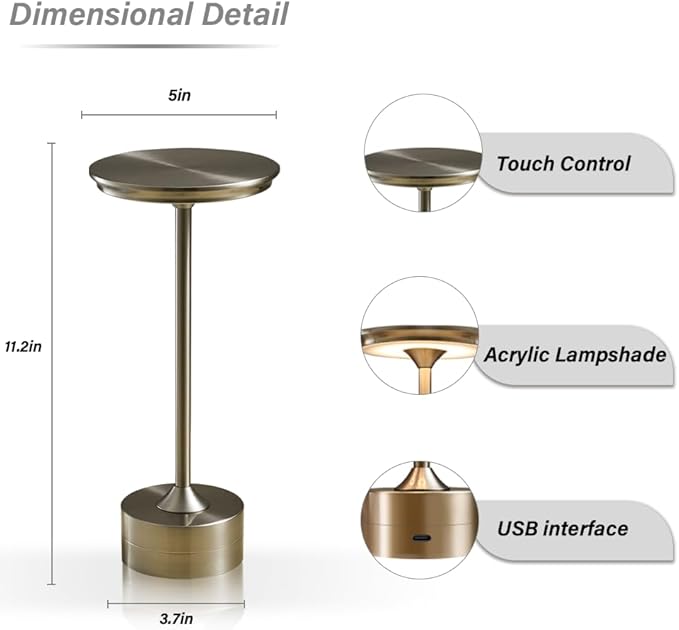 Portable Metal Desk Lamp, 3-Levels Brightness Metal LED Table Lamp, 3 Color Touch Control Rechargeable Lamp, Night Light, Bedside Lamp,Dining Room Lamp (Silver)