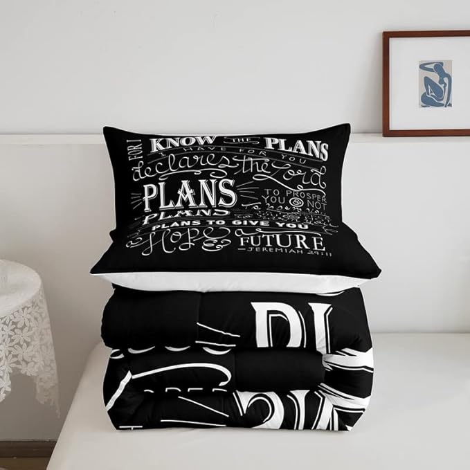 Feelyou Kids Vintage Bible Verse Comforter Set Christian Bible Verse Jeremiah Comforter Set for Boys Children Teens Bedroom Decor Modern Comforter Black Duvet Set King Size with 2 Pillow Case