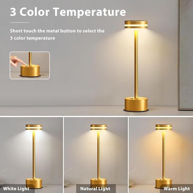 Cordless Metal Desk Lamp,Portable LED Table Lamp with Touch Sensor,3 Color Rechargeable Lamp,3-Levels Brightness Lamp,Night Light for Kids Nursery,Bedside Lamp,Dining Room Lamp (Gold)