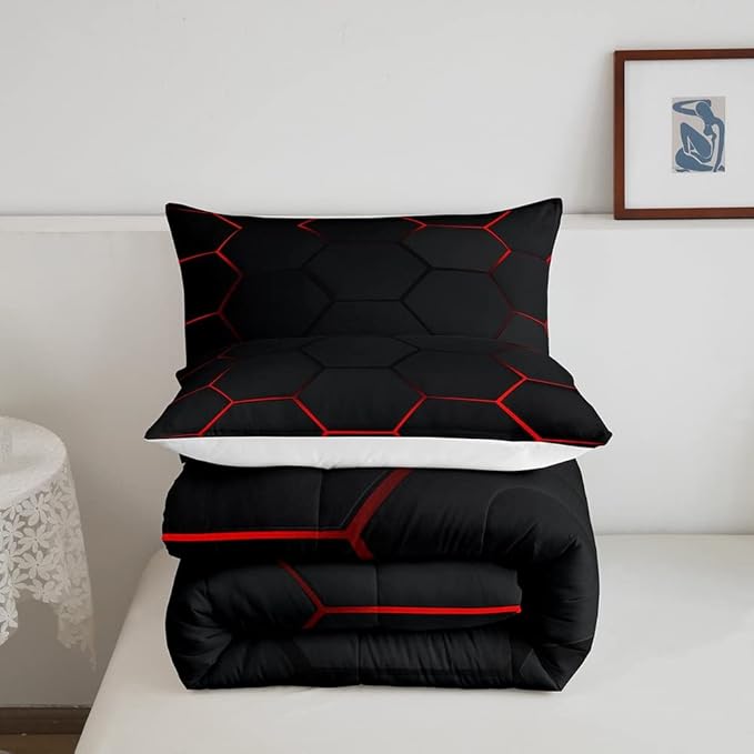 Honeycomb Bedding Set Honeycomb Modern Geometry Hexagon Theme Comforter Set for Kids Boys Children Geometrical Comforter Ultra Soft Beehive Black Red Decor Duvet Set King Size