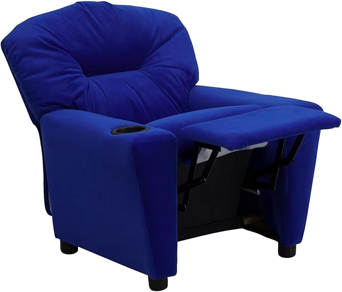 Flash Furniture Chandler Microfiber Kids Recliner with Cup Holder and Safety Recline, Contemporary Reclining Chair for Kids, Supports up to 90 lbs., Blue