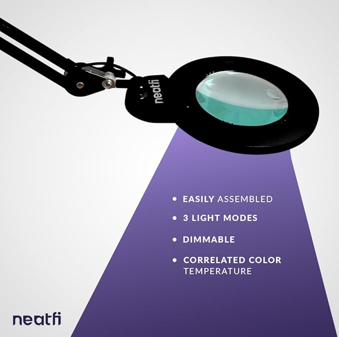 Neatfi XL Bifocals 1,200 Lumens Super LED Magnifying Lamp with Clamp, 3 Light Modes, Correlated Color Temperature Control (3000K-4500K-6000K), 12W, 120 Pcs SMD LED (Black, 6 Inch Lens)