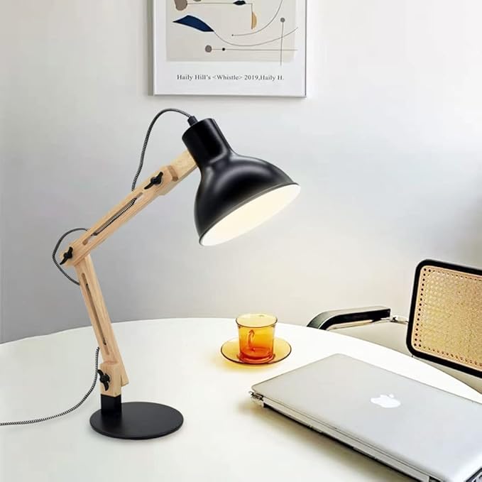 DLLT Swing Arm Desk Lamp, Wood Adjustable Gooseneck Table Lamp, Modern Architect Desk Light, Reading Light for Work, Study, Bedroom, Home Office, College Dorm, Black Metal Shade, E26 Bulb Included