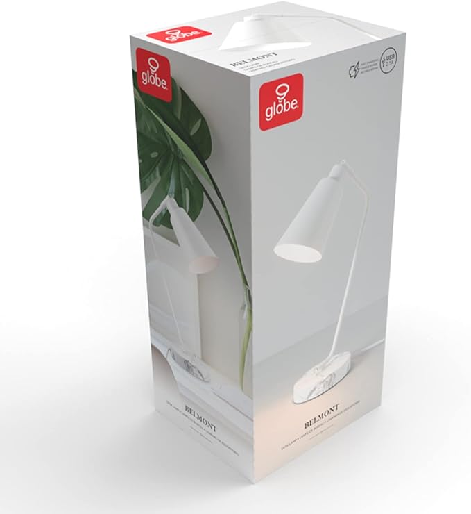 Globe Electric 52295 Belmont 17" Desk Lamp, Matte White, White Faux Marble Base, 2.1A USB Port, On Off Rocker Switch at Base