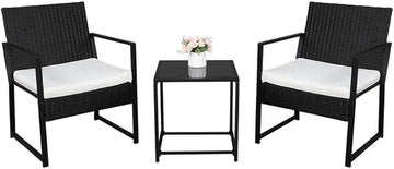 Outvita 3PCS Rattan Conversation Set, Outdoor Wicker Furniture Bistro Set 2 Chairs and Glass Top Table for Small Balcony Backyard Patio(Black)