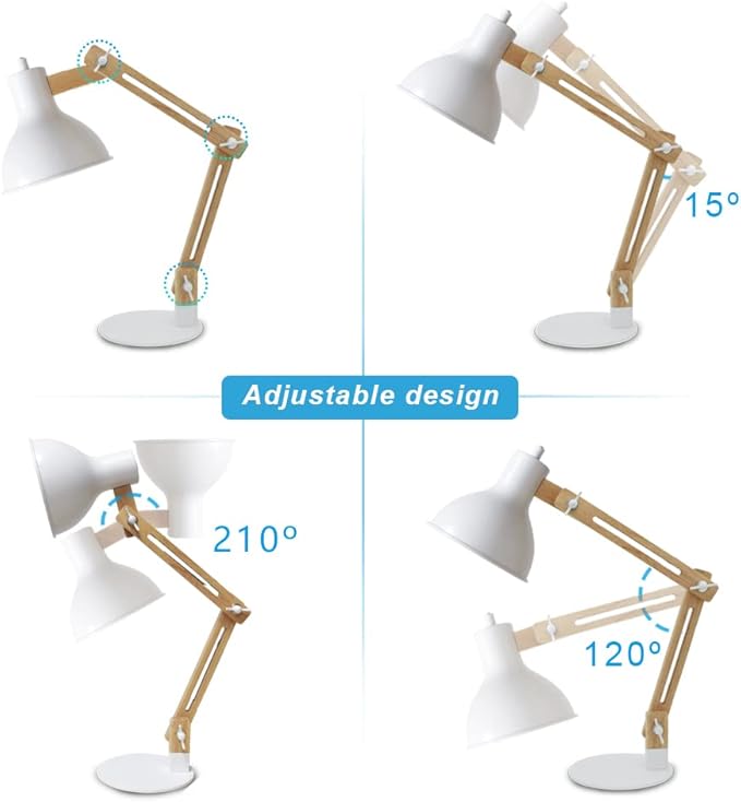 DINGLILIGHTING DLLT Swing Arm Desk Lamp, Wood Adjustable Gooseneck Table Lamp, Modern Architect Desk Light, Reading Light for Work, Study, Bedroom, Home Office, White Metal Shade, E26 Bulb Included