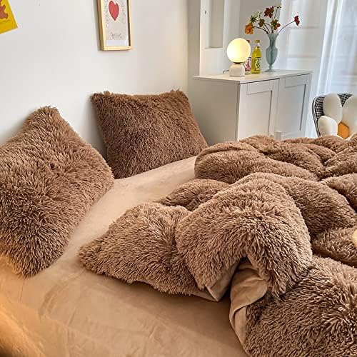 Faux Fur Kids Girls Coffee Comforter Sets King - 3PC Bed Set Warm Comfortable Soft Plush Flannel Velvet Fluffy Fuzzy Bedding（Comforter x 1 Pillowcases x 2）