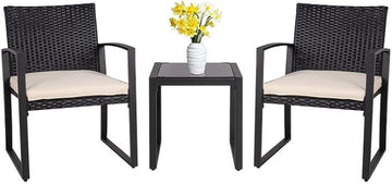 Shintenchi 3 Pieces Outdoor Patio Furniture Set Modern Black Wicker Bistro Set Rattan Chair Conversation with Coffee Table for Yard Porch Poolside Lawn(Beige)