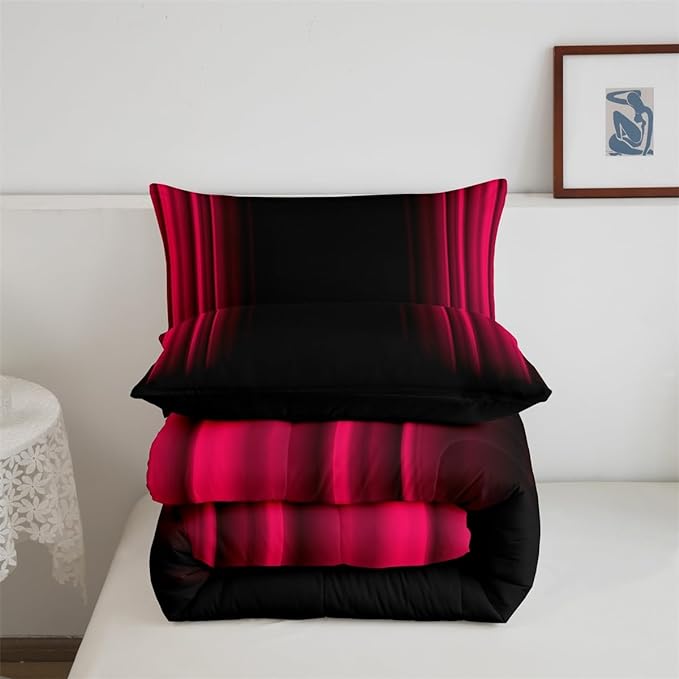 Feelyou Geometric Abstract Ombre Bedding Bed Set Men Adults Teens Vibrant Red and Black Striped Comforter Set Kids Boys Girls Simple Modern Comforter Inner Fill Bedroom Collection 3Pcs Queen Size
